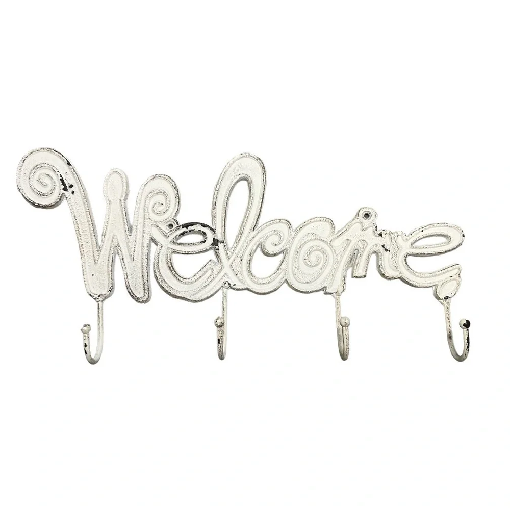 Beautiful Country-Chic Painted Metal Welcome Wall Decor With Coat Hooks.
